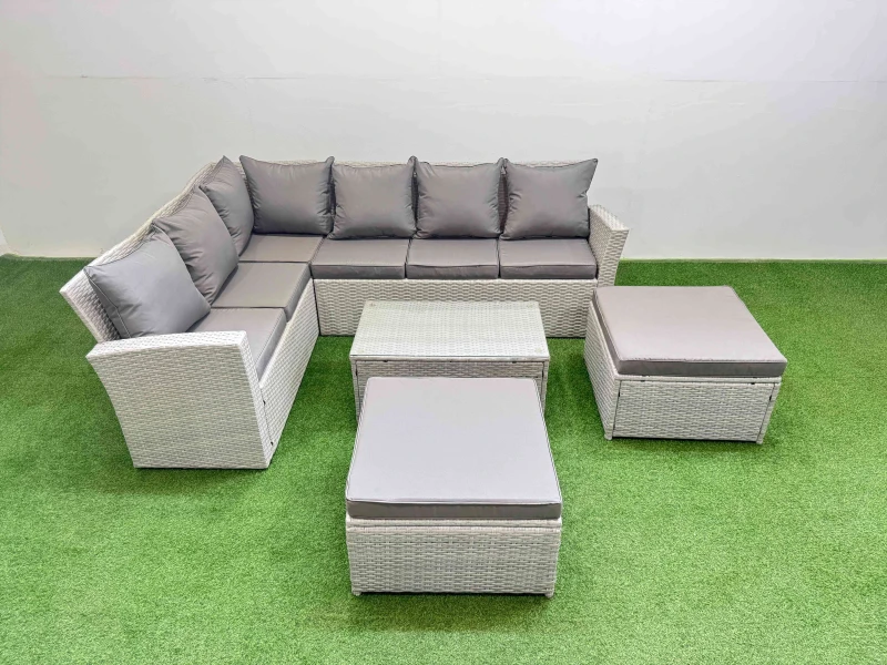 Image of Fimous 8 Seater Garden Outdoor PE Rattan Furniture Set with Oblong Coffee Table in Light Grey Light Grey Unisex