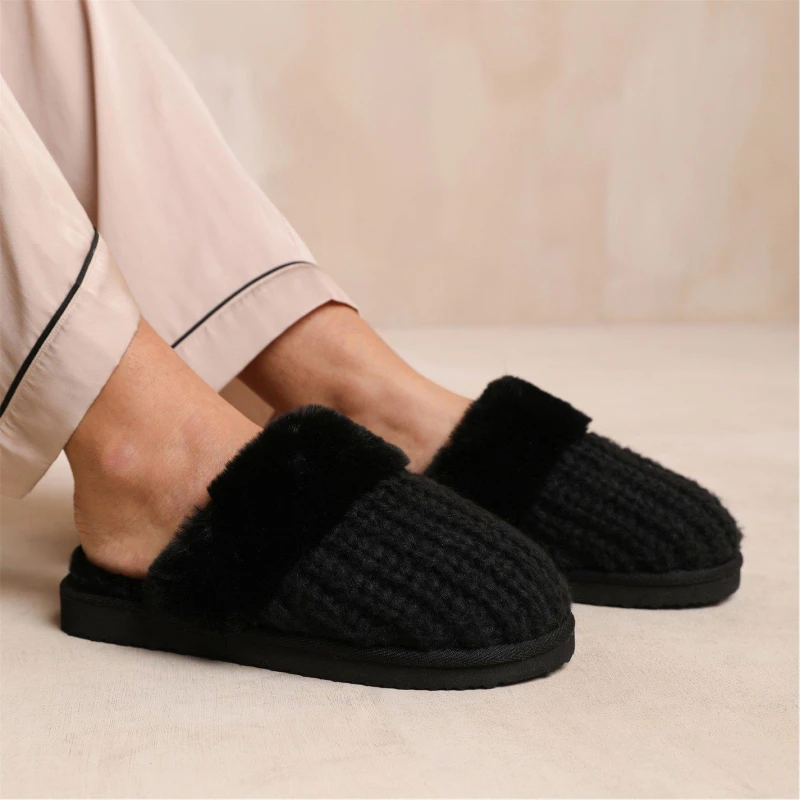 Image of Wheres That From Slip On Knitted Slippers With Fur Trim Black Yarn female 3
