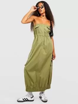 Image of Boohoo Bandeau Utility Midaxi Dress - Khaki, Green, Size 10, Women