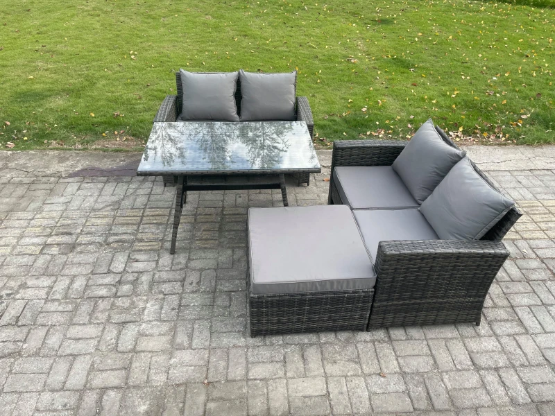 Image of Fimous Garden Furniture Sets 4 Pieces Wicker Rattan Furniture Manual Wicker Patio Sofa Patio Conversation Set with Big Footstool in Dark Grey Dark Gre