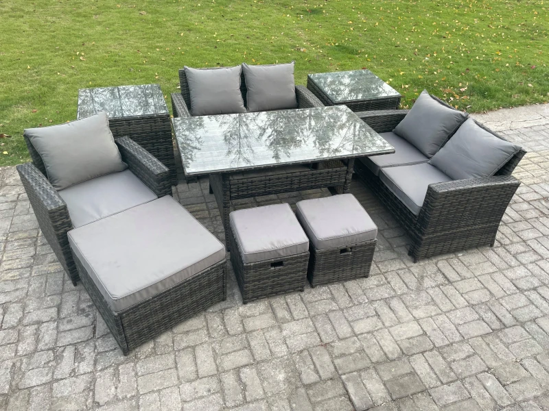 Image of Fimous Outdoor Garden Dining Set Wicker PE Rattan Furniture Sofa with Dining Table Double Seat Sofa 2 Side Tables 3 Footstools Dark Grey Mixed Dark Gr