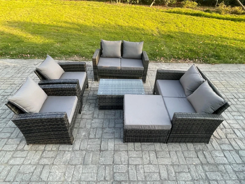 Image of Fimous Garden Furniture Sets 6 Pieces Outdoor Rattan Furniture Manual Wicker Patio Sofa Chair Set with Coffee Table Big Footstool in Dark Grey Dark Gr