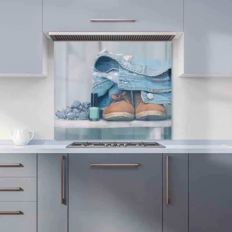 Image of Warren Reed - Designer Shoes On The Bench Kitchen Splashback in Blue Size: 700mm x 750mm Blue Unisex 700mm x 750mm