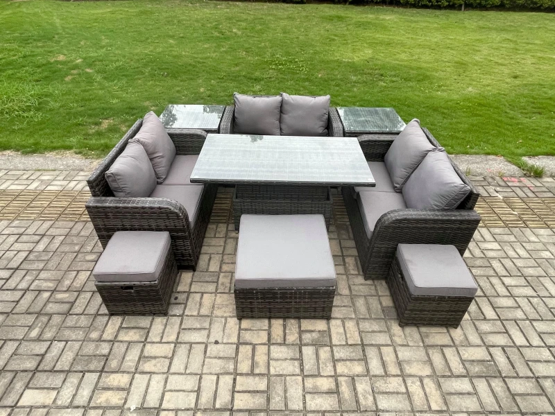 Image of Fimous Rattan Garden Outdoor Furniture 3 PC Love Sofa Set Adjustable Rising lifting Dining Table With 2 Side Tables 3 Footstools Dark Grey