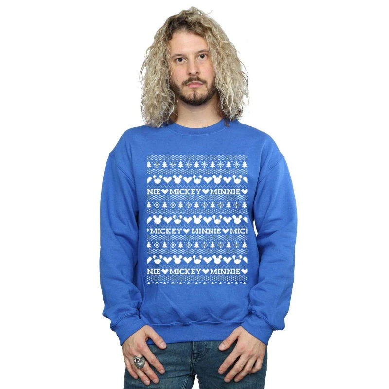 Image of Disney Men Mickey And Minnie Christmas Fair Isle Sweatshirt in Blue Size: Small Blue S Male 5057736013823