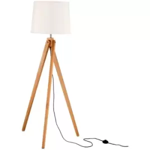 Image of Killeen Tripod Floor Lamp Natural Wood Sand White Shade Black Fabric Wire LED E27 - Merano