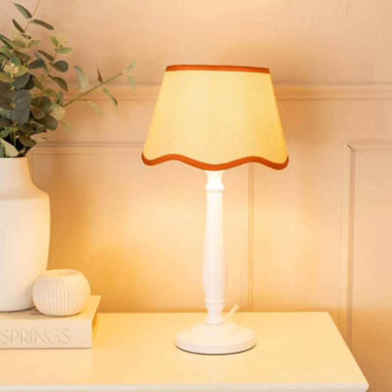 Image of ValueLights Victoria White Wood Candlestick Table Lamp with Linen Scallop Trim Tapered Shade Burnt Orange