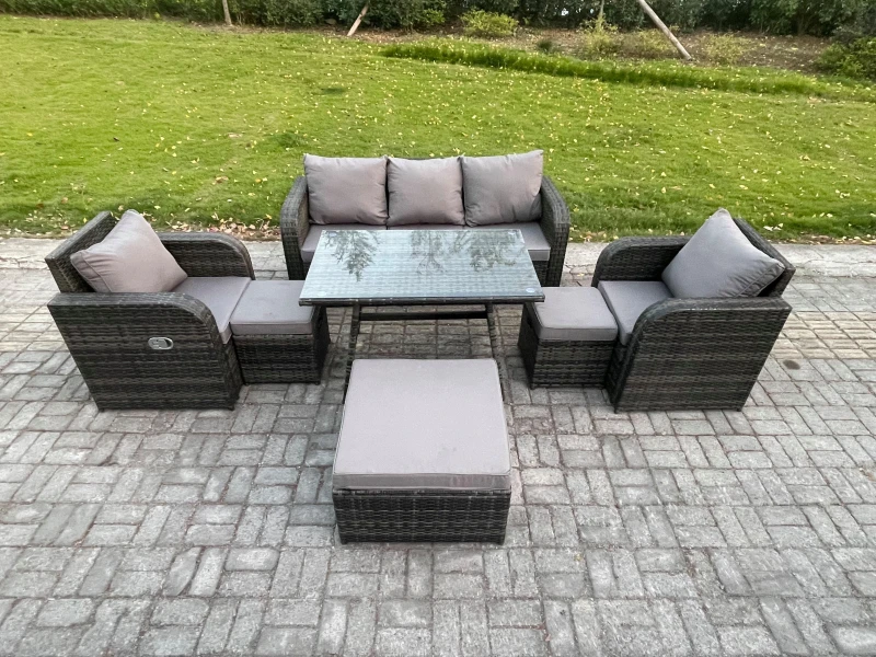 Image of Fimous 8 Seater Rattan Wicker Garden Furniture Patio Conservatory Sofa Set with Rectangular Dining Table Reclining Chair Dark Grey