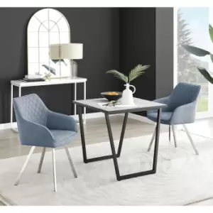 Image of Furniturebox Carson White Marble Effect Square Dining Table & 2 Blue Falun Silver Leg Fabric Chairs