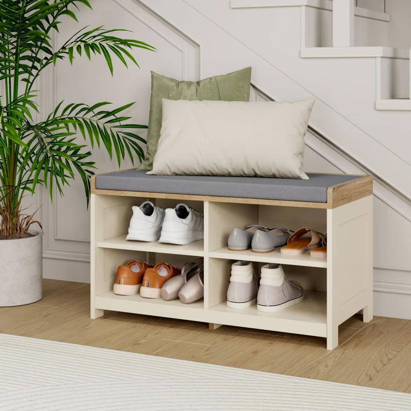 Image of Vonhaus Shoe Storage Bench With Padded Seat, Cream Hallway Bench & 4 Open Storage Shelves For Entryway & Porch, Ash Hall