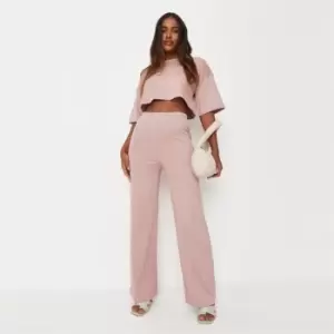 Image of Missguided Boxy Crop Ribbed Wide Leg Set - Pink