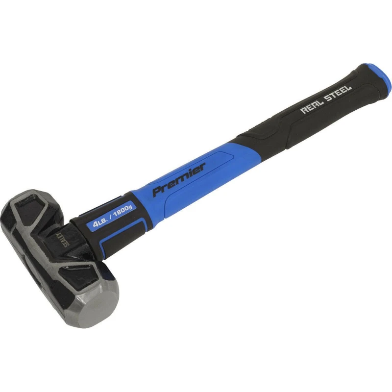 Image of Loops 4lb Short Handled Sledge Hammer - Fibreglass Shaft - Rubber Grip - Carbon Steel Metallics