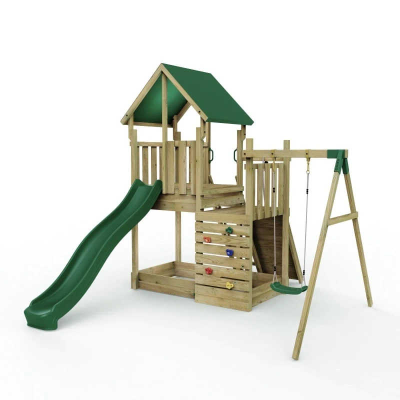 Image of Rebo Wooden Climbing Frame with Play Tower and Slide - M3 Single Ramp Brown