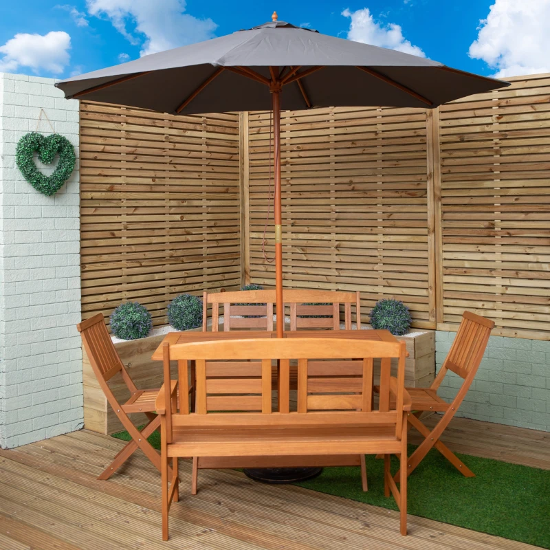 Image of Outdoor 6 Person Folding Wooden Garden Dining Table Chairs and 2 Benches Grey Parasol and Base set