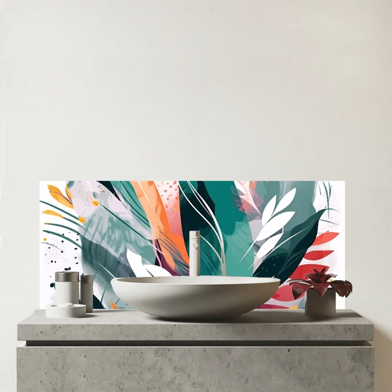 Image of Warren Reed - Designer Coloured Abstrace Feather Leaves Glass Bathroom Splashback in Green Green Unisex