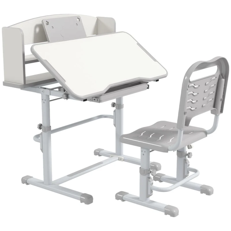 Image of Zonekiz Zonekiz Height Adjustable Kids Desk And Chair Set, With Drawer, Bookshelf, Grey 312-106V80GY