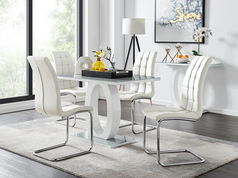 Image of FurnitureboxUK FurnitureboxUK Giovani Grey White Modern High Gloss And Glass Dining Table And 4 Murano Chairs Set in Off White Off White One Size Unis