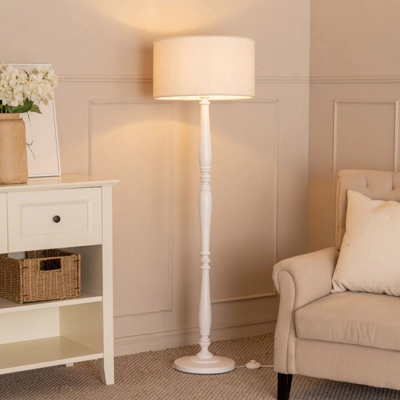 Image of ValueLights Victoria Candlestick White Wood Floor Lamp with Cream Boucle Drum Lamp Shade White
