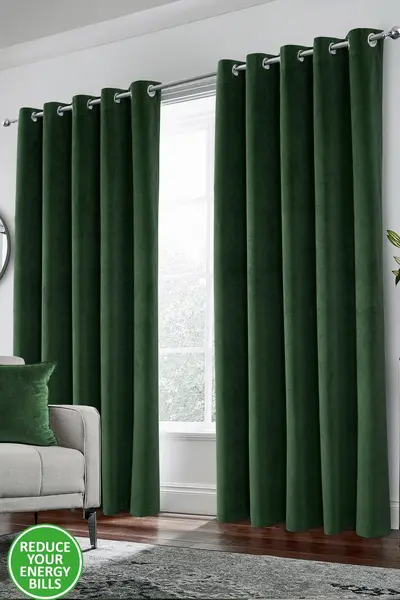 Image of Enhanced Living Velvet, Supersoft, 100% Blackout, Thermal Pair of Curtains with Eyelet Top Green