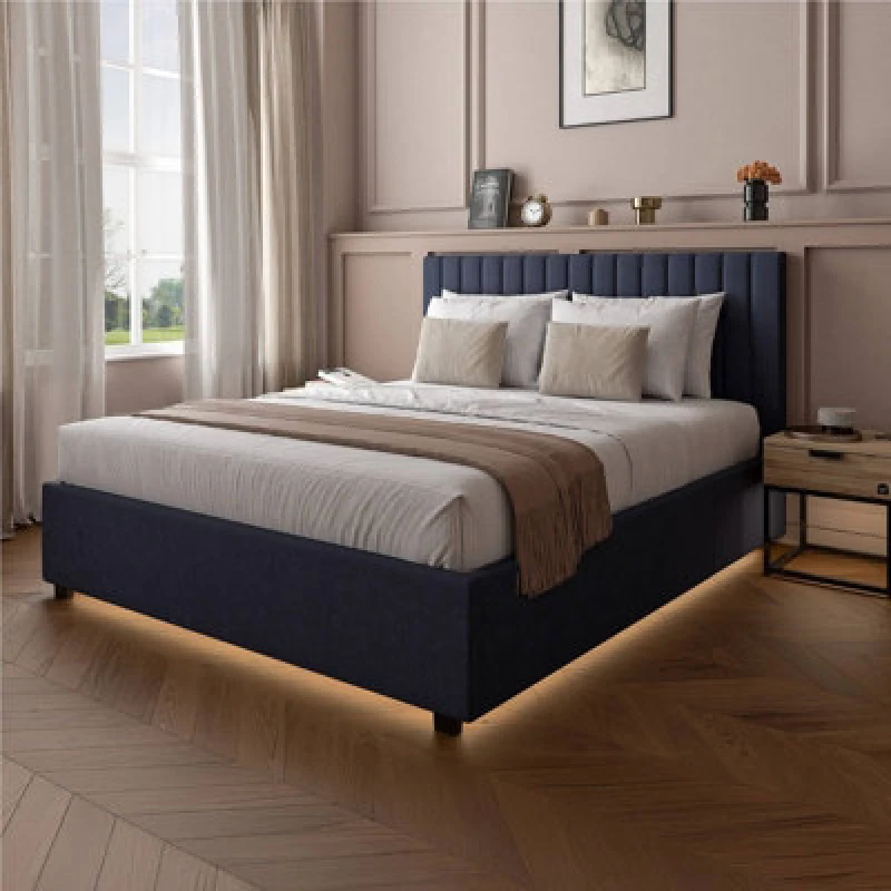 Image of X Rocker Maisie Velvet Ottoman Bed Frame with LED Lights Navy