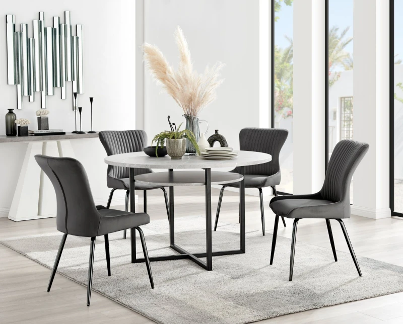 Image of FurnitureboxUK FurnitureboxUK Adley Grey Concrete Effect Round Dining Table & 4 Nora Black Leg Velvet Chairs in Dark Grey Dark Grey One Size Unisex 50