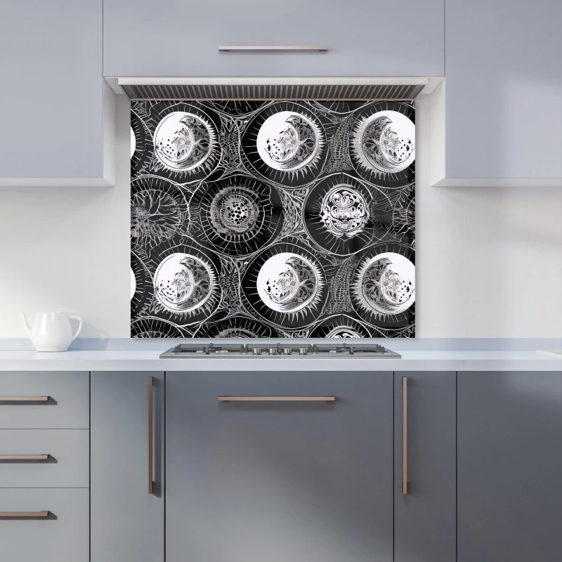 Image of Warren Reed - Designer Black White Moon & Sun Kitchen Splashback in Grey Size: 700mm x 750mm Grey Unisex 700mm x 750mm