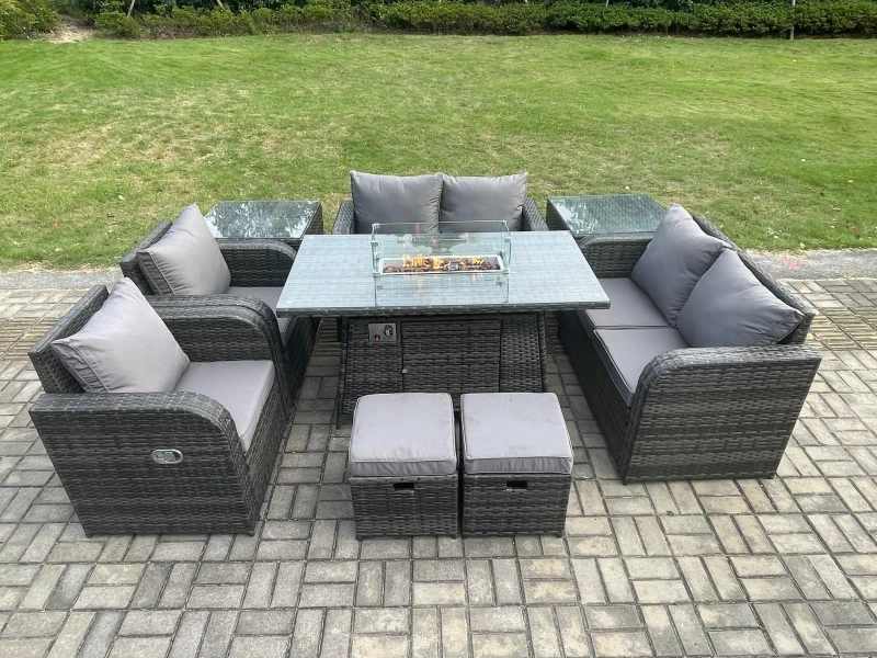 Image of Fimous 8 Seater Rattan Garden Furniture Set Outdoor Propane Gas Fire Pit Table and Sofa Chair set with 2 Side Tables Footstools Dark Grey