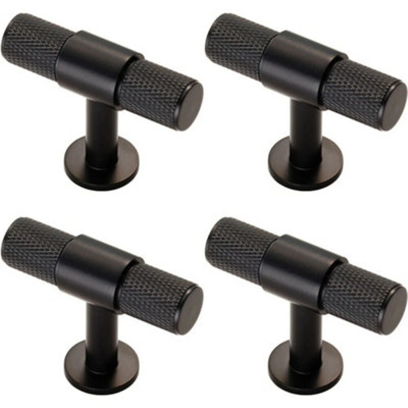Image of Loops 4x Knurled Cupboard T Shape Pull Handle 50 x 13mm Matt Black Cabinet Handle Black unisex