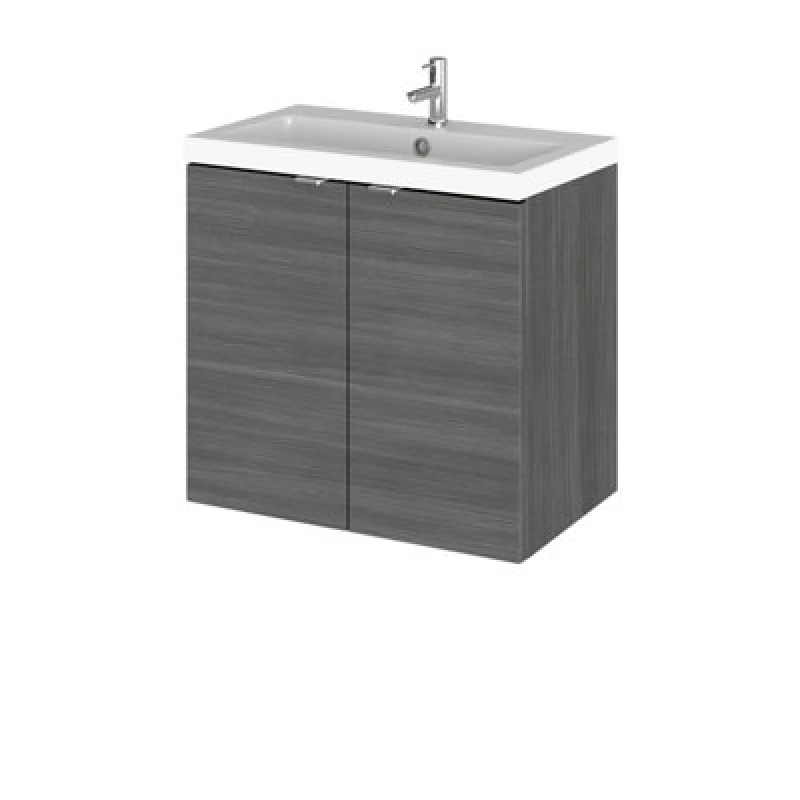 Image of Hudson Reed Fusion Wall Hung 2 Door Vanity Unit & Compact Polymarble Basin, Sink Vanity Unit, Anthracite Woodgrain, 600mm