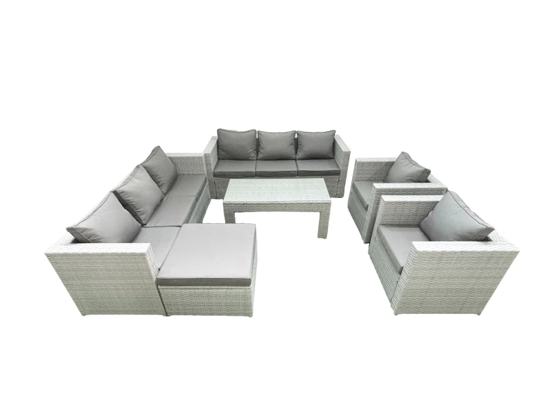 Image of Fimous Outdoor Garden Furniture Rattan Sofa Set with 2 Armchairs Oblong Coffee Table Big Footstool Light Grey Mixed Light Grey