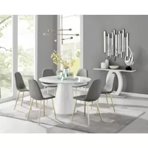 Image of Furniturebox Palma White High Gloss 6 Seat Minimalist Post Modern Round Dining Table & 6 Grey Corona Faux Leather Dining Chairs with Gold Legs