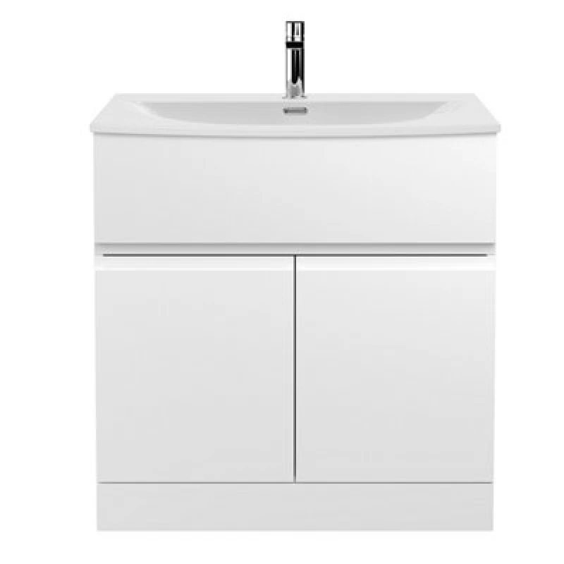 Image of Nuie Hudson Reed Urban Floor Standing 2 Door 1 Drawer Vanity Unit With Curved Basin, Durable Modern Vanity Unit In Satin White, 800mm