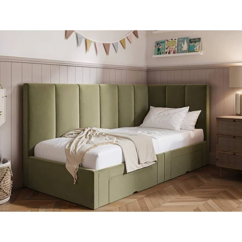 Image of Flair Harley Corner Fabric Bed Frame with Storage Drawers in Green Size: Single Green Unisex Single
