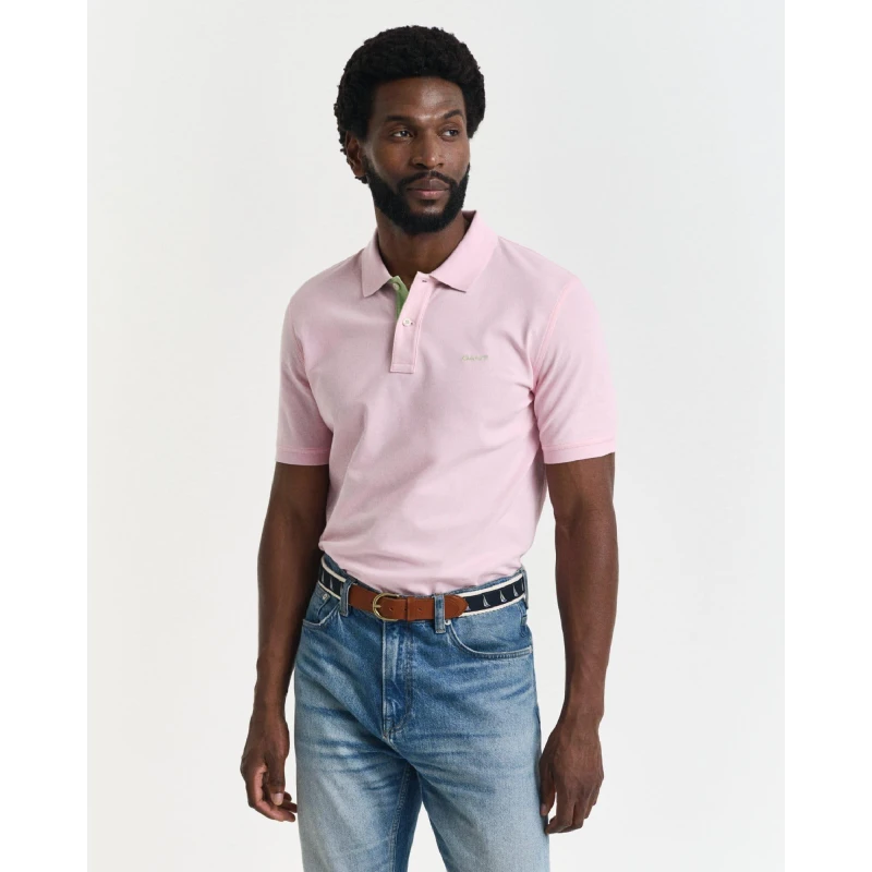 Image of Gant Regular-Fit Contrast Pique Ss Polo Shirt Pink male S