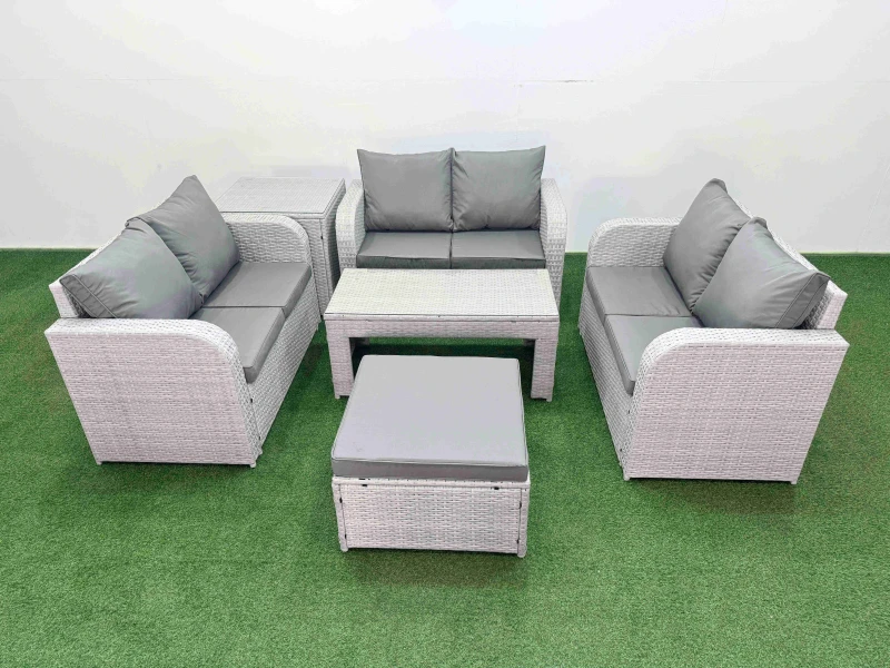 Image of Fimous 7 Seater PE Wicker Rattan Furniture Sofa Sets with Oblong Coffee Table 2 Seater Love Sofa Big Footstool Side Table Light Grey Light Grey