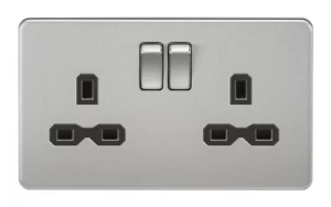 Image of KnightsBridge 13A 2G DP Screwless Brushed Chrome 230V UK 3 Pin Switched Electric Wall Socket - White Insert