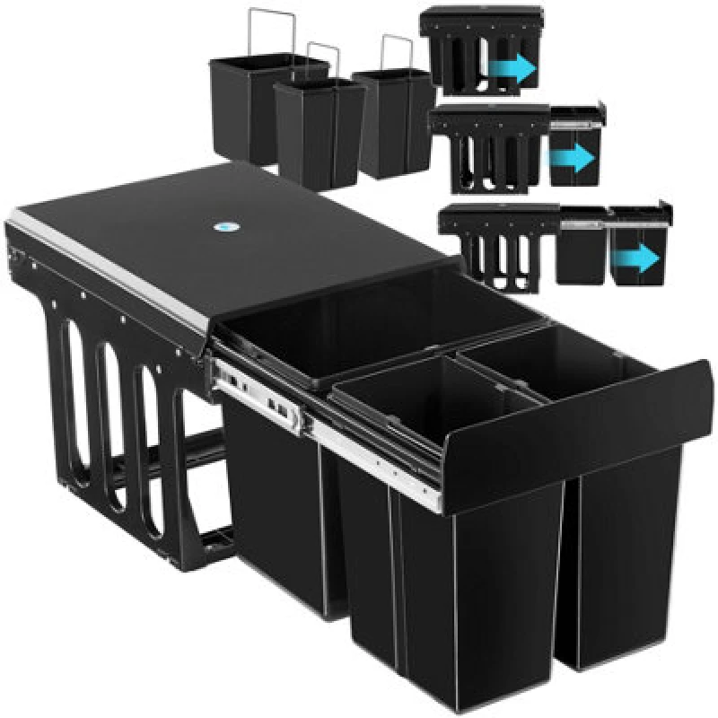 Image of Tectake Kitchen Bin Ashlyn - 3 Compartments, Telescopic Rails, 31L Total Capacity - Black