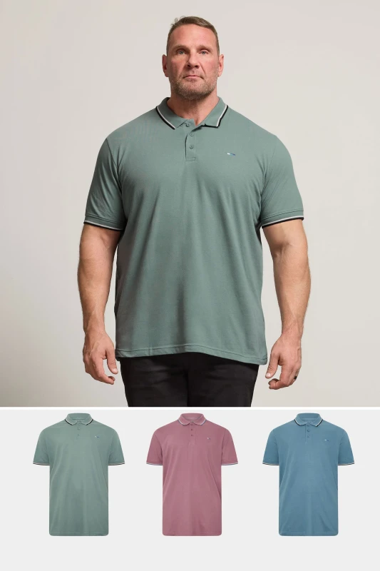 Image of BadRhino Mens 3 Pack Tipped Polo Shirts in Green Size: 1XL Green Male 1XL