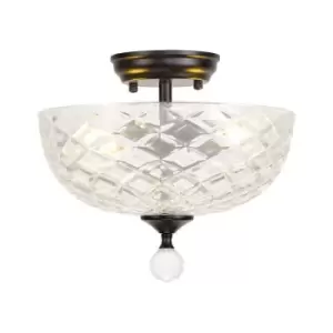 Image of Luminosa Talisa 2 Light Semi Flush Ceiling Lamp E27 With Flat Round 30cm Patterned Glass Shade Matt Black, Clear
