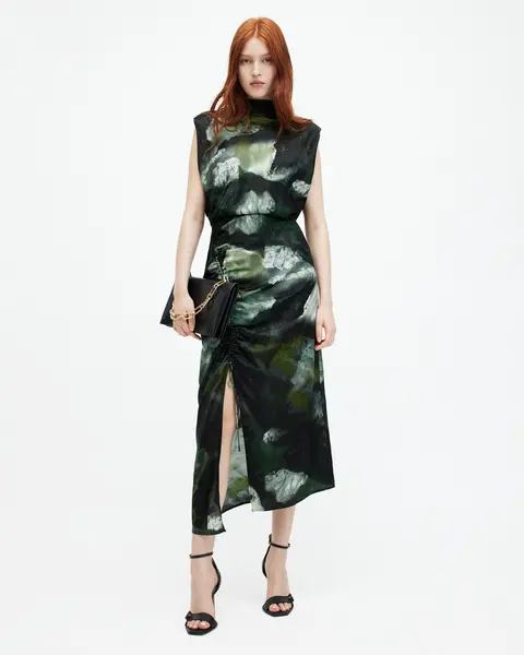 Image of AllSaints Isa Silk Blend Camo Print Midi Dress