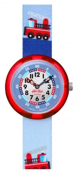 Image of Flik Flak FIRETRUCK Blue Fire Truck Print Fabric Strap Watch
