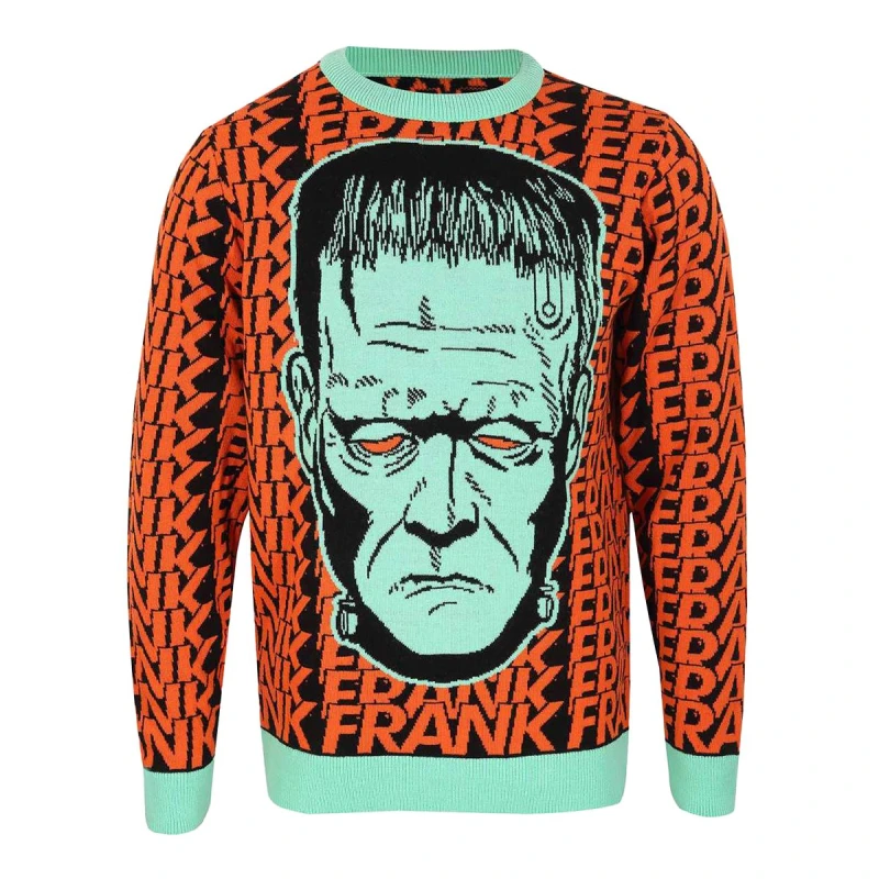 Image of Universal Monsters Mens Head Shot Frankenstein Knitted Jumper in Light Red Size: Small Light Red Male S
