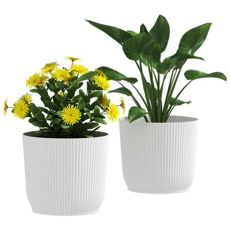 Image of Outsunny Set of 2 Round Plant Pots Outdoor 22cm for Garden, White Off White