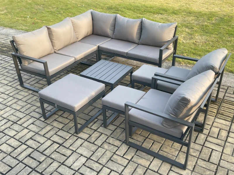 Image of Fimous 10 Seater Outdoor Aluminium Garden Furniture Set Corner Lounge Sofa Set with Square Coffee Table 3 Footstools Dark Grey Dark Grey Unisex