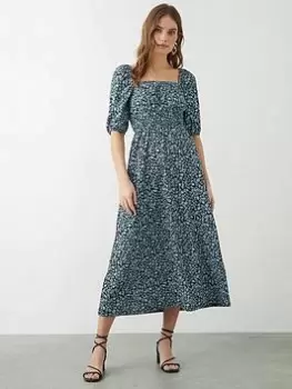 Image of Dorothy Perkins Ditsy Floral Puff Sleeve Midi Dress - Blue Size 10, Women