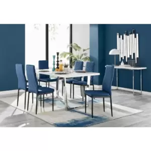Image of Furniturebox UK - Furniturebox Kylo White High Gloss Dining Table & 6 Navy Velvet Milan Dining Chairs With Black Legs
