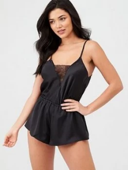 Image of Pour Moi Dusk Satin & Lace Playsuit - Black