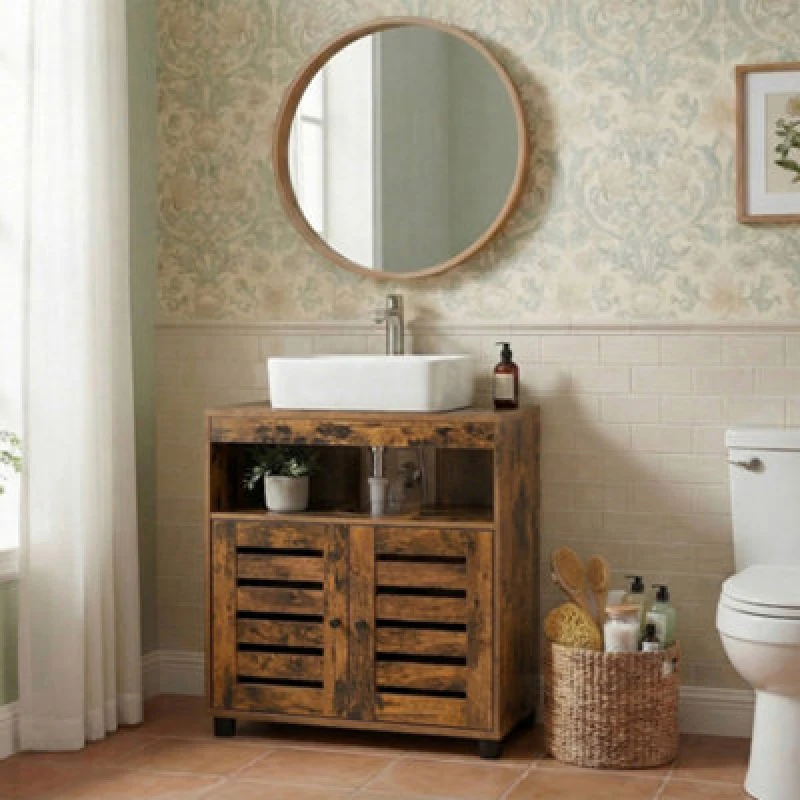 Image of LEDREM Under Sink Cabinet Bathroom Storage Cupboard 60 X 30 X 63cm With 2 Louvre Doors Adjustable Board Rustic Brown