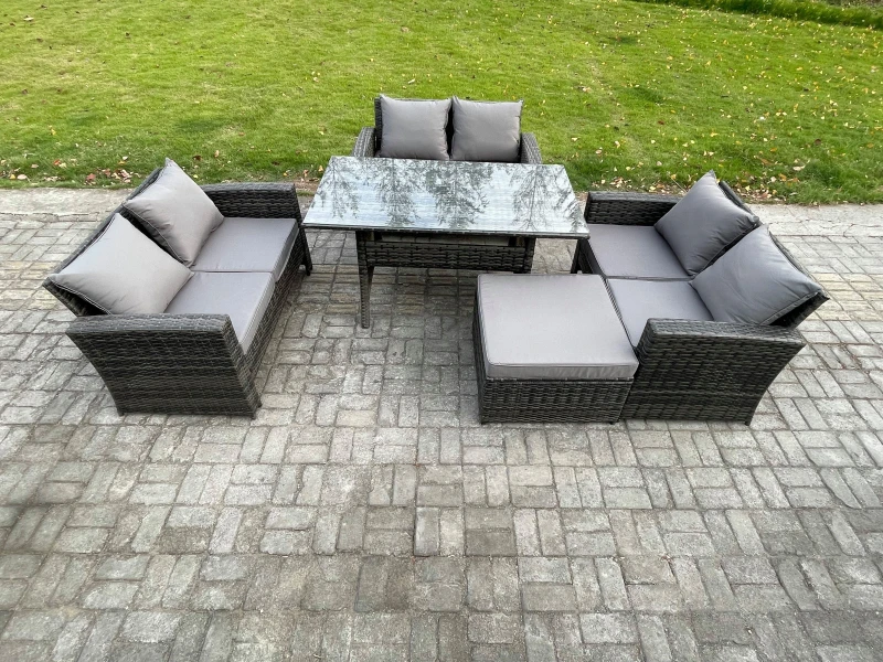 Image of Fimous 7 Seater Rattan Wicker Garden Furniture Patio Conservatory Sofa Set Indoor Outdoor with Dining Table Double Seat Sofa in Dark Grey Dark Grey Un