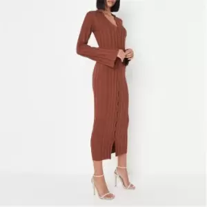 Image of Missguided Rib V Neck Collared Midaxi Dress - Brown